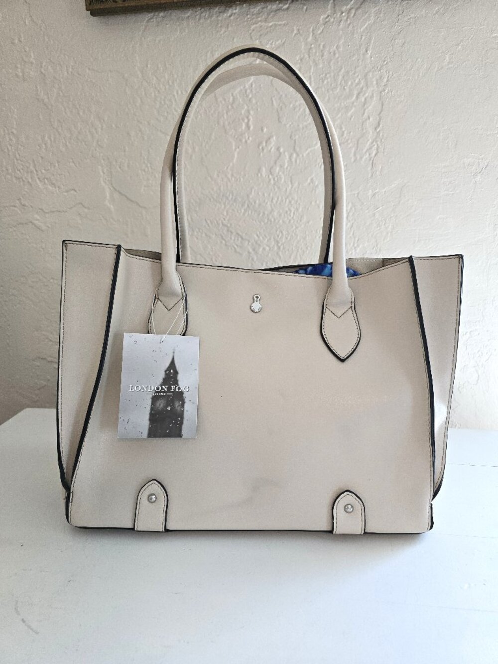 NWT London Fog Sand Faux Leather Tote Structured Shopper Large Laptop Bag